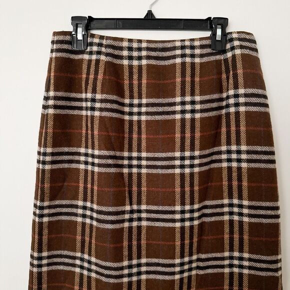 Vintage Plaid Wool Midi Skirt Fringe Size 12 P Brown Academia Classic Preppy - Picture 2 of 8